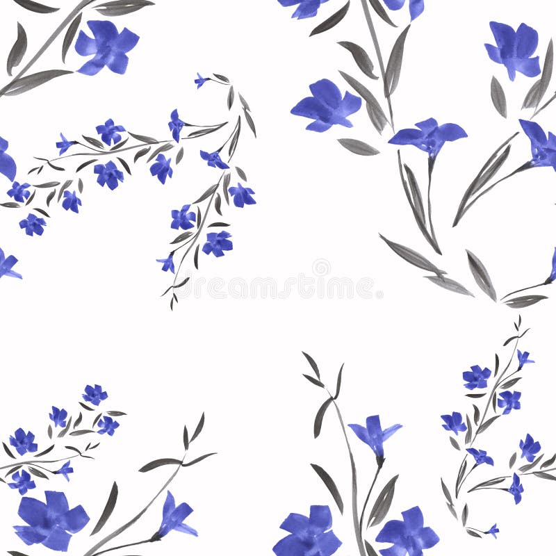 Flores azuis do teste padrão sem emenda em um fundo branco ilustração stock Flores azuis do teste padrão sem emenda em um fundo branco ilustração stock