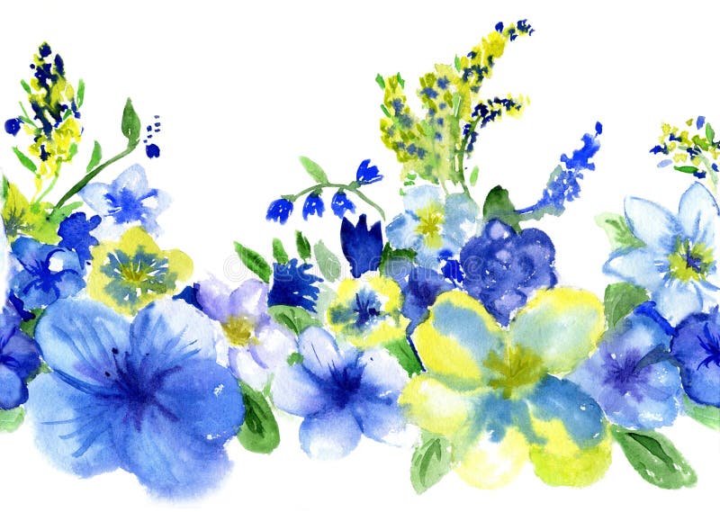 Flores azules y amarillas de la acuarela stock de ilustración