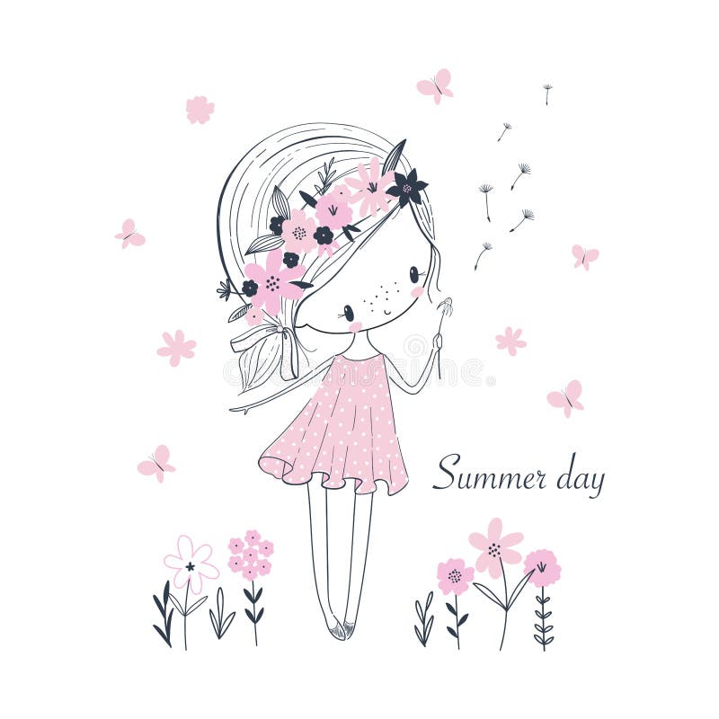 Flores blancas de la pequeña muchacha linda de la historieta Ejemplo aislado vector infantil ilustración del vector