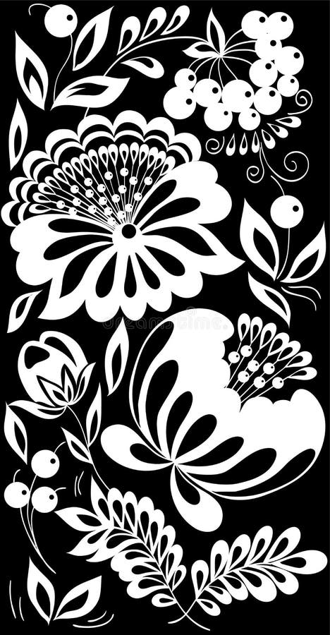 Flores bonitas e folhas preto e branco monocromáticas isoladas ilustração stock Flores bonitas e folhas preto e branco monocromáticas isoladas ilustração stock