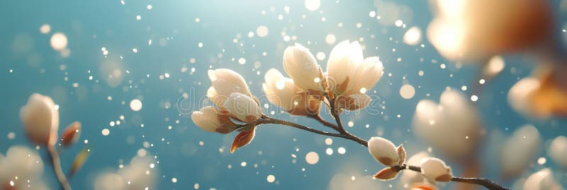 Flores Brancas Delicadas de Sangue Springtime se acendem contra um Céu Azul Espantoso com Feixes de Sol ilustração do vetor