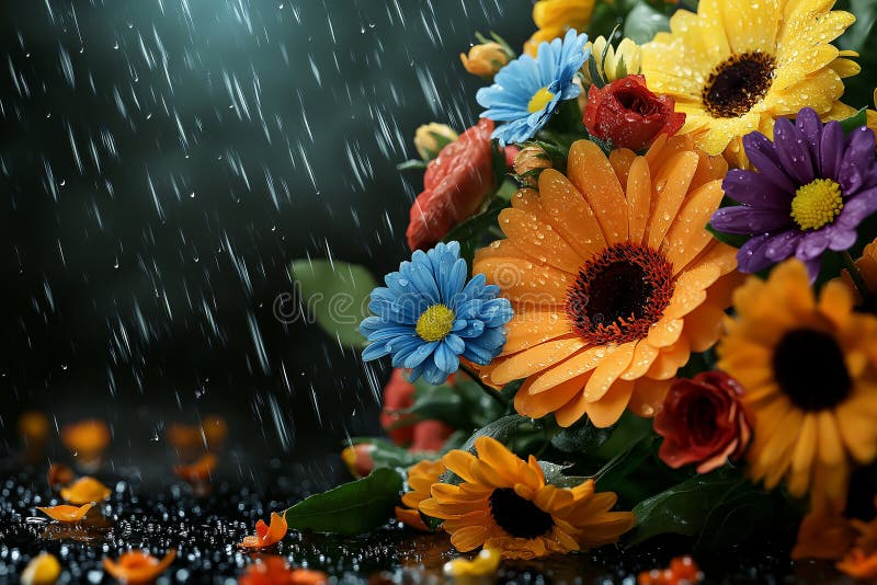 Flores coloridas como las rosas gerberas y las margaritas en un ramo vibrante que relata con gotas de lluvia creando fresco y anim ilustración del vector