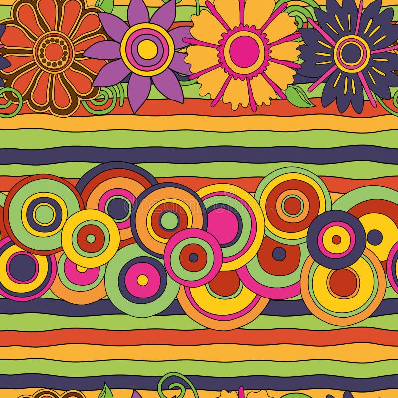 Flores, círculos y líneas psicodélicos brillantes modelo inconsútil ilustración del vector Flores, círculos y líneas psicodélicos brillantes modelo inconsútil ilustración del vector