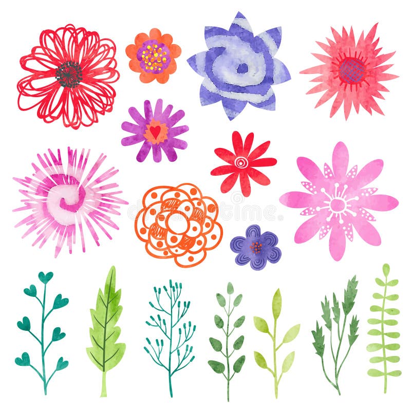 Flores da aquarela ajustadas Flores, folhas e ramos coloridos ilustração royalty free Flores da aquarela ajustadas Flores, folhas e ramos coloridos ilustração royalty free