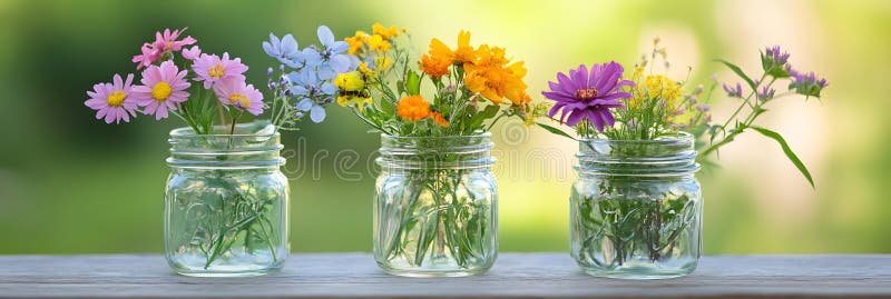 Flores de colores en jarras de vidrio ilustración del vector