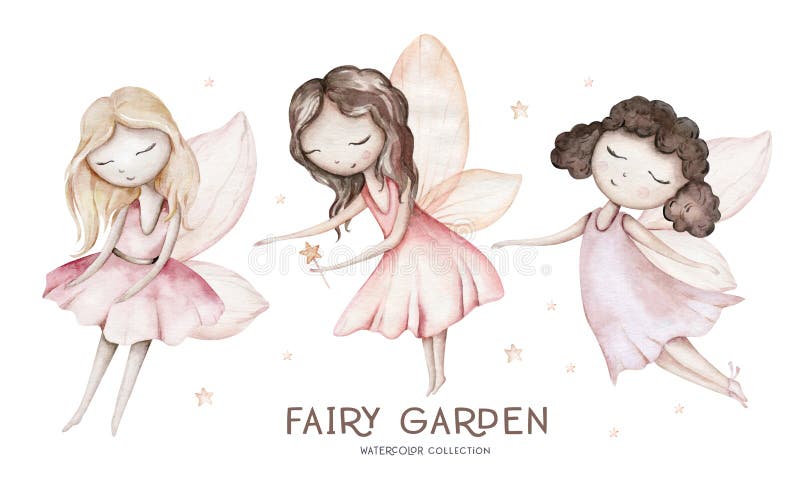Flores de hadas acuarela de niños aislados ilustración para niñas. caricatura de magia rosa chica de ducha de bebé afiche. niño de libre illustration
