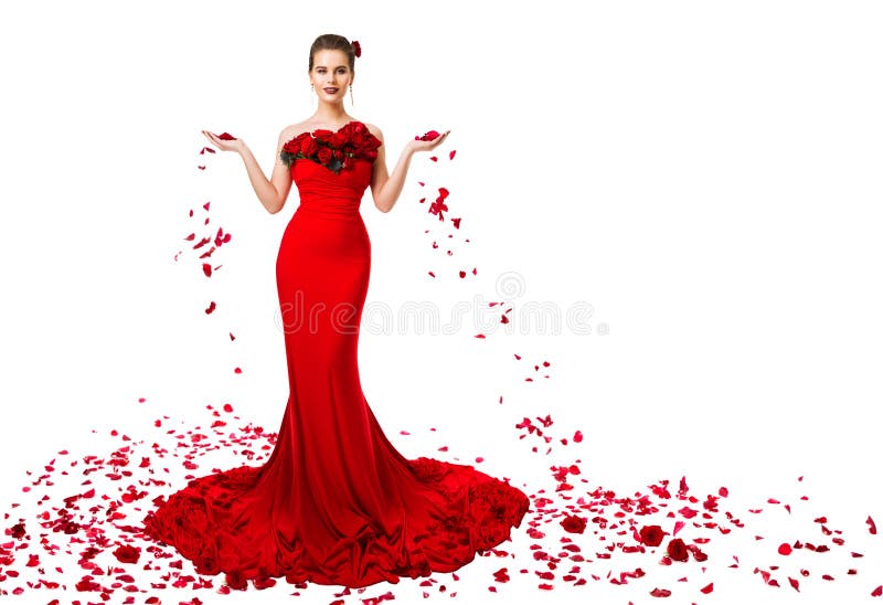 Flores De Rosas De Los Pétalos De La Mujer Liberan Modelo Rojo Del Vestido De Noche En Vestido Largo En Bla Imagen de archivo - Imagen de fondo,