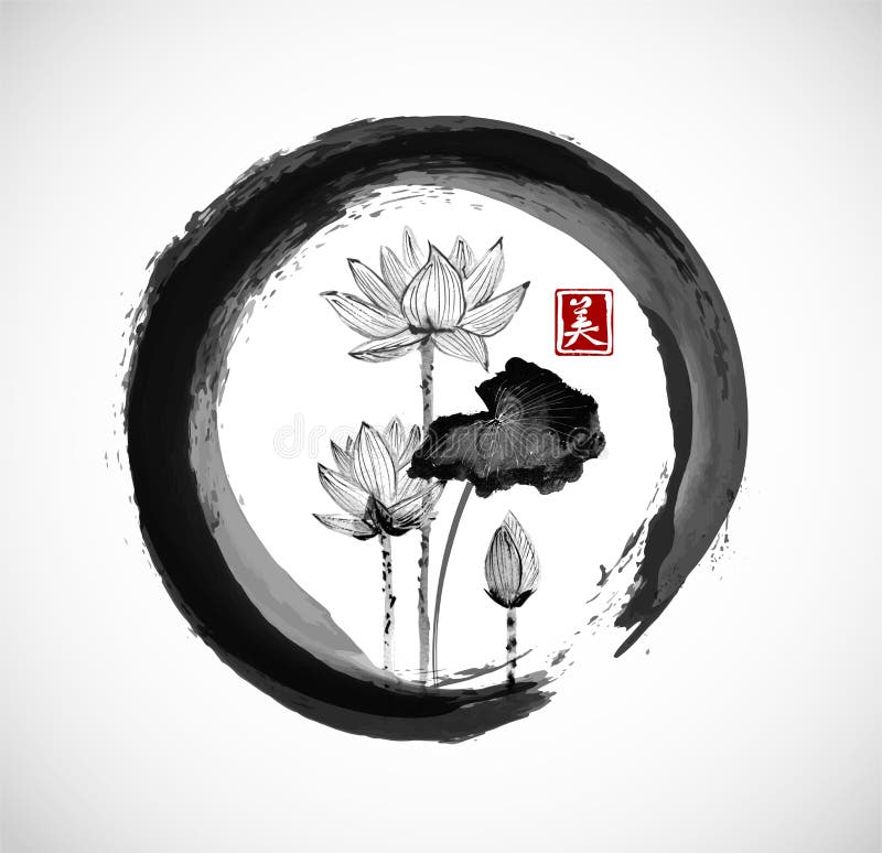 Flores de Lotus no círculo preto do zen do enso ilustração stock Flores de Lotus no círculo preto do zen do enso ilustração stock