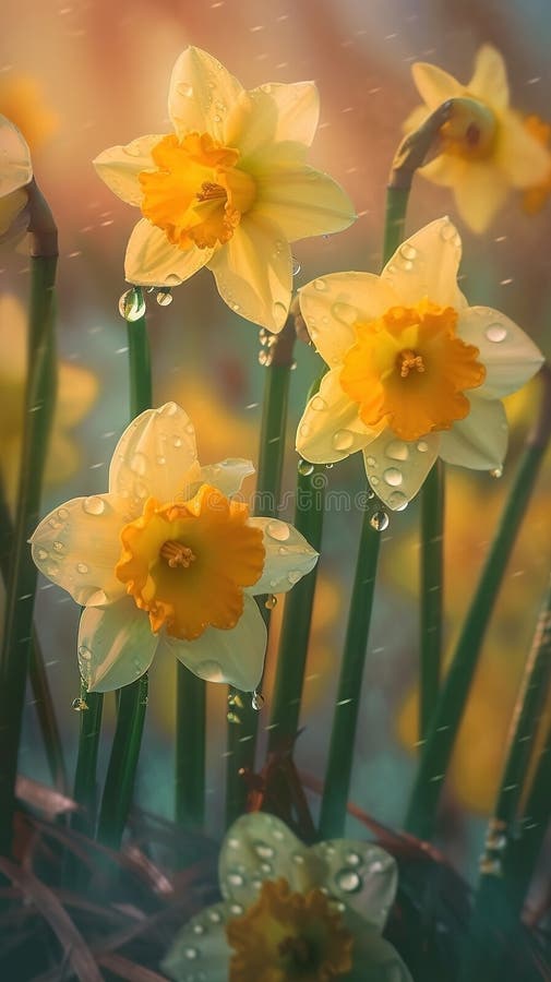 Flores de narciso florecientes con gotas de fondo de agua cerrada. fondo de pantalla de primavera. generado por ai