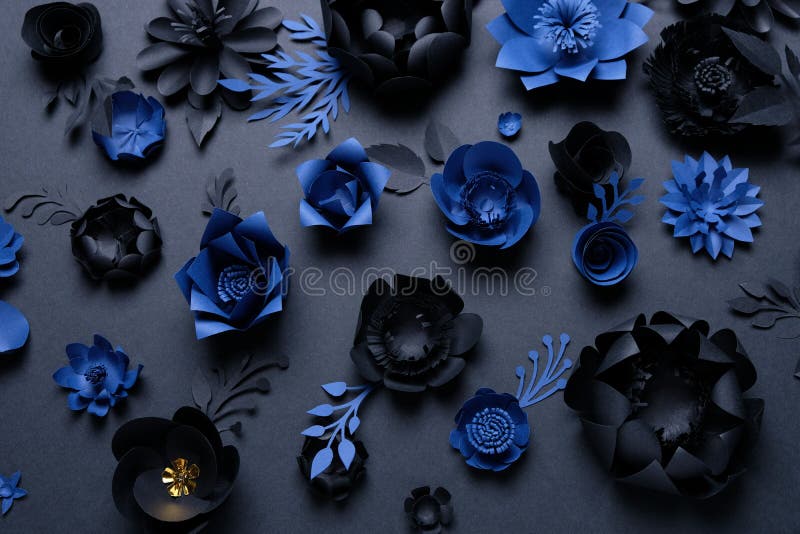 productos quimicos De otra manera Deformar Flores De Papel Negro Y Azul Sobre Fondo Negro Cortar De Papel Imagen de  archivo - Imagen de sombra, fondo: 169889693