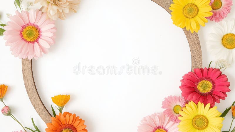 Flores de primavera coloridas dispuestas en un marco de madera. las gerberas y las margaritas amarillas y anaranjadas forman un bo ilustración del vector