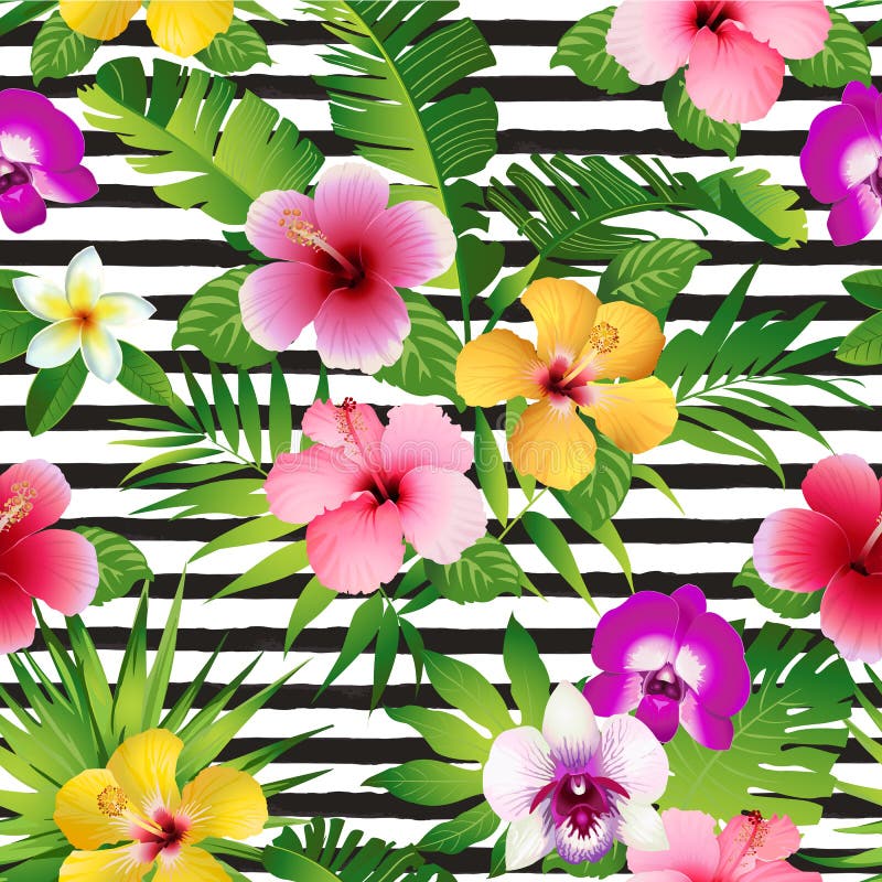 Flores e folhas tropicais em fundo listrado seamless Vetor ilustração royalty free Flores e folhas tropicais em fundo listrado seamless Vetor ilustração royalty free