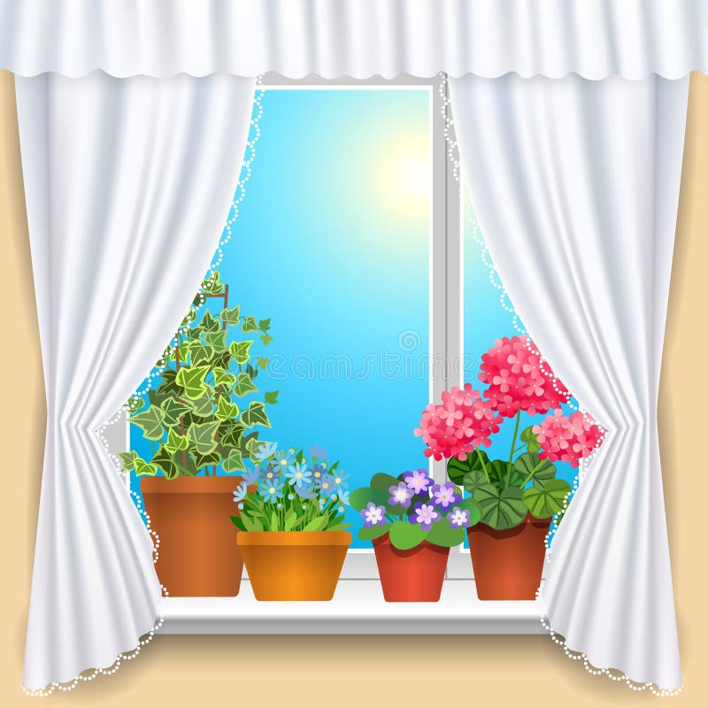 Flores en ventana stock de ilustración Flores en ventana stock de ilustración