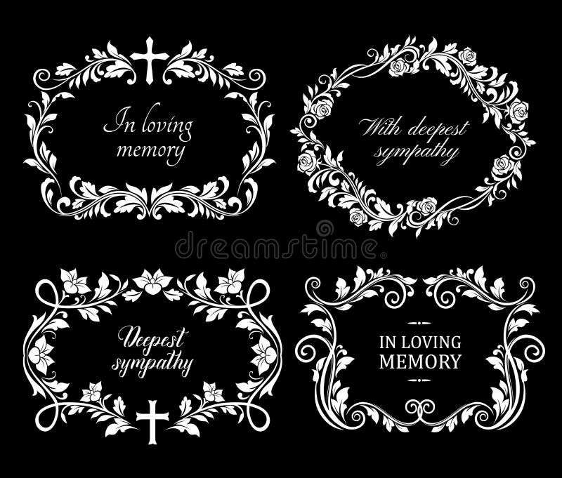 Funeral flowers wreath, condolence and death floral frames, vector RIP ribbons. Deepest sympathy and In loving memory, funeral and obituary card or memorial mourning plaques with cross and flowers. Funeral flowers wreath, condolence and death floral frames, vector RIP ribbons. Deepest sympathy and In loving memory, funeral and obituary card or memorial mourning plaques with cross and flowers