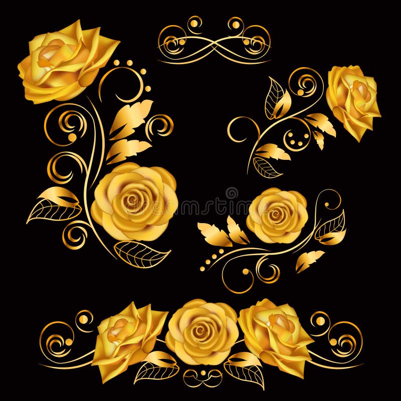 Flores Ilustração do vetor com rosas do ouro Elementos decorativos, ornamentado, antigos, luxuosos, florais no fundo preto ilustração stock Flores Ilustração do vetor com rosas do ouro Elementos decorativos, ornamentado, antigos, luxuosos, florais no fundo preto ilustração stock