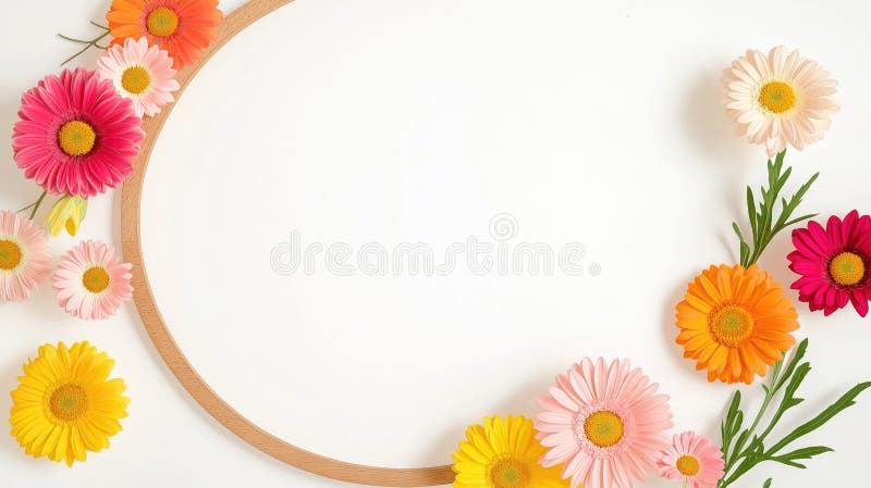 Flores primaverales coloridas daisies gerberas de color amarillo rosado dispuestas en un marco de madera circular sobre fondo blan libre illustration