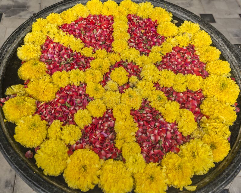 Flores Rangoli - decoración flotante en un cuenco del agua imagenes de archivo Flores Rangoli - decoración flotante en un cuenco del agua imagenes de archivo