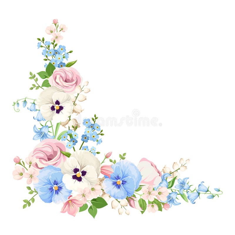 Flores rosadas, azules y blancas Fondo de la esquina del vector stock de ilustración