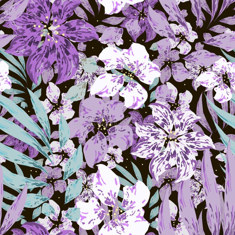 Flores roxas e brancas com folhas Fundo preto ilustração do vetor Flores roxas e brancas com folhas Fundo preto ilustração do vetor