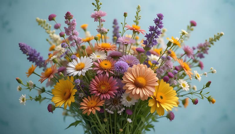 Flores silvestres de colores vivos con lavanda y gerberas de maricones dispuestas sobre un suave fondo azul ilustración del vector