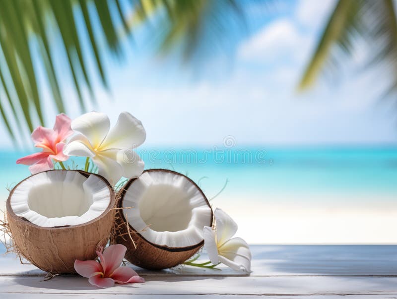 Flores tropicales y cocos frescos en la playa con vistas al océano y hojas de palma por encima stock de ilustración