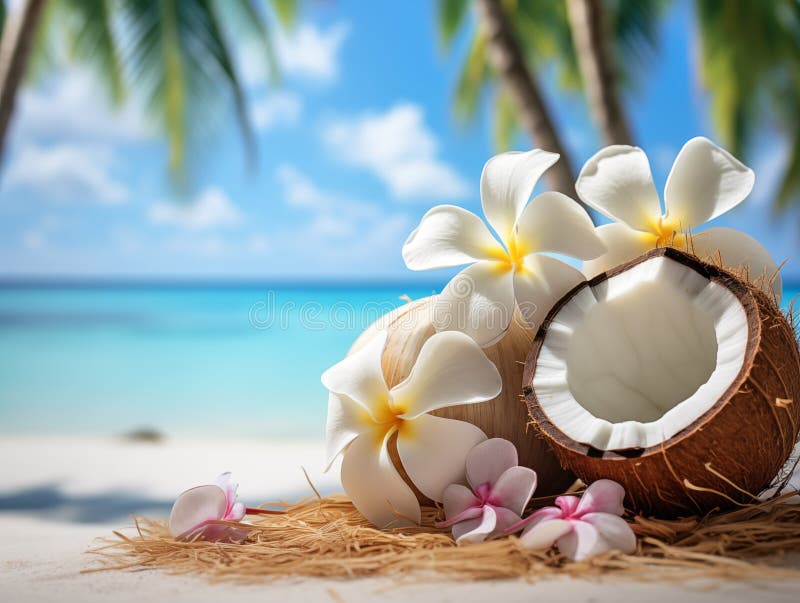 Flores tropicales y cocos frescos en la playa con vistas al océano y hojas de palma por encima stock de ilustración