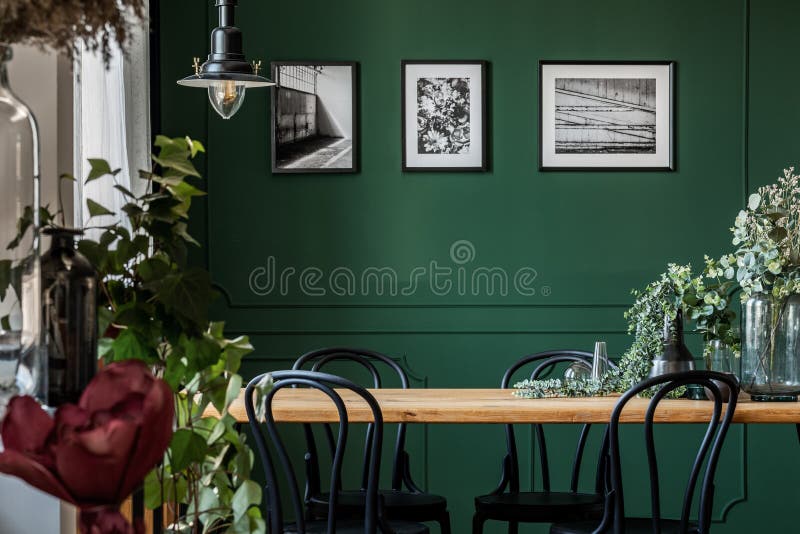 Flores verdes no vaso de vidro na tabela de madeira longa com as cadeiras pretas na sala de visitas elegante imagem de stock Flores verdes no vaso de vidro na tabela de madeira longa com as cadeiras pretas na sala de visitas elegante imagem de stock