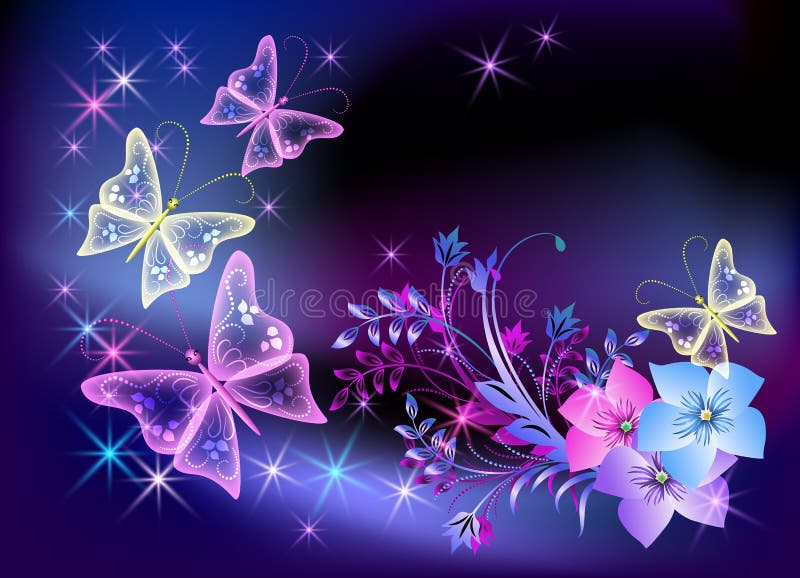 Flores y mariposa transparentes que brillan intensamente