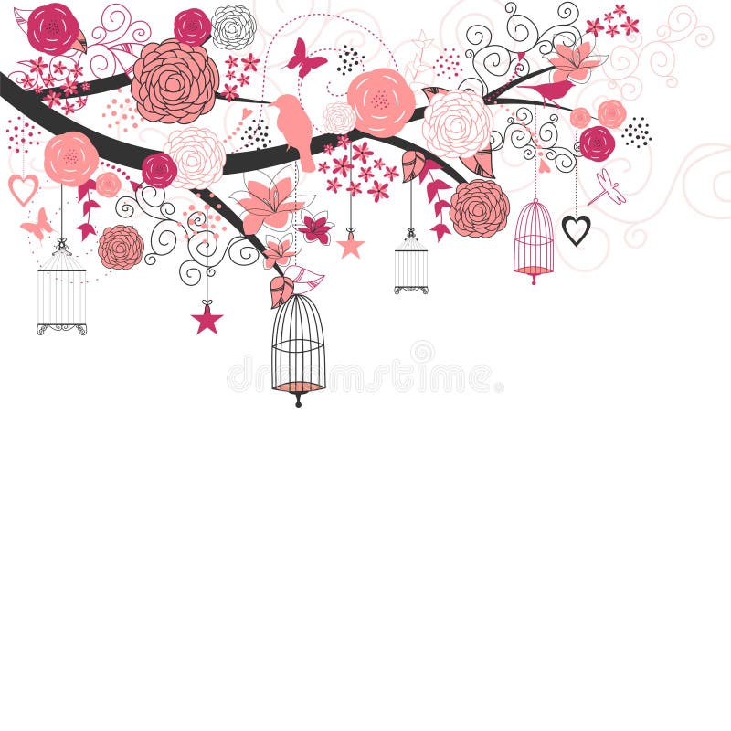 Flores y pájaros rosados de la boda libre illustration Flores y pájaros rosados de la boda libre illustration
