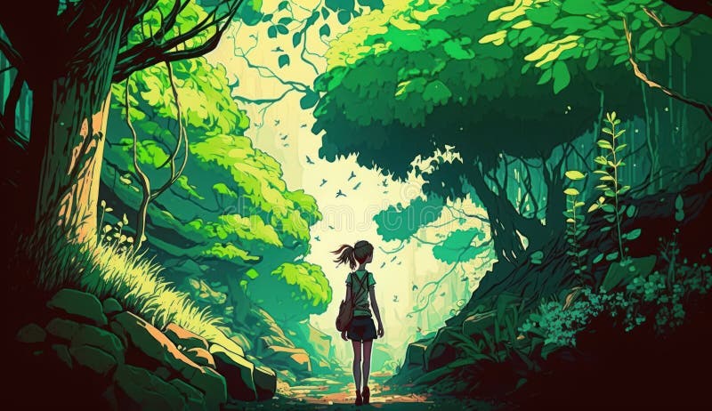 Floresta de fantasia de anime à noite generative ai