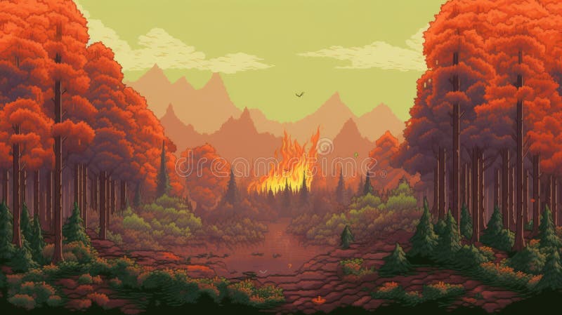 Pixel art paisagem floresta nas montanhas ao pôr do sol com fundo  minimalista de 8 bits