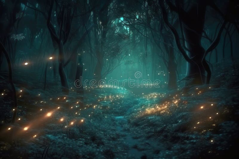 animê cena do uma floresta com uma fogo e borboletas. generativo