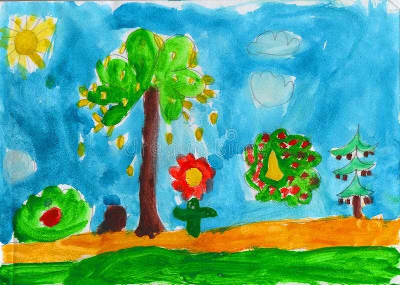 Floresta no outono, pintura dos childs ilustração stock Floresta no outono, pintura dos childs ilustração stock