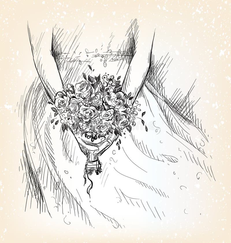 Flori de mireasă. fata care ține un buchet. stock illustration