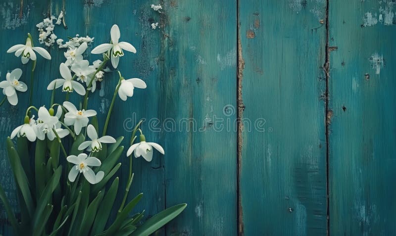 Flori de zăpadă pe fond teal rustic din lemn, delicat, înflorește frumusețea primăverii stock photo