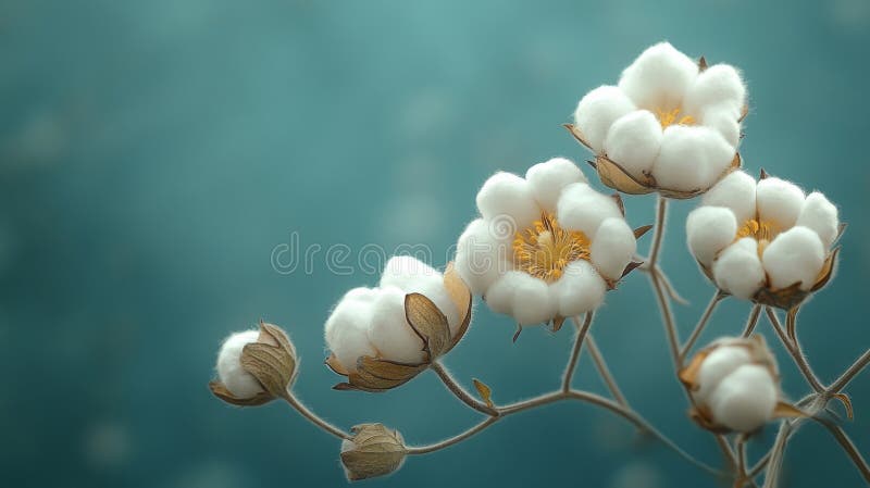 Flori fine de bumbac alb, delicate, cu aspect de material moale și de fundal închis. Conceptul de natură și liniște stock image