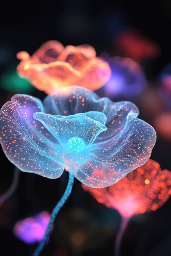 Flori strălucitoare din fibră optică iluminează noaptea cu culori vibrante. royalty free stock photos