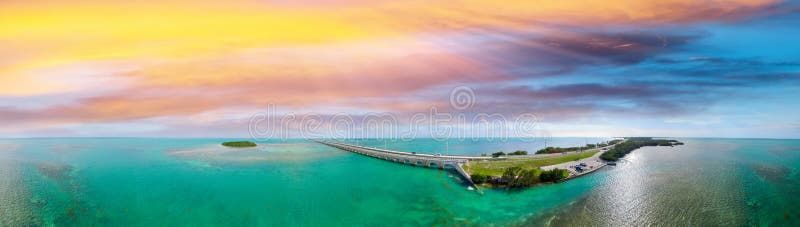 Florida Keys Bridge, beautiful sunset aerial view