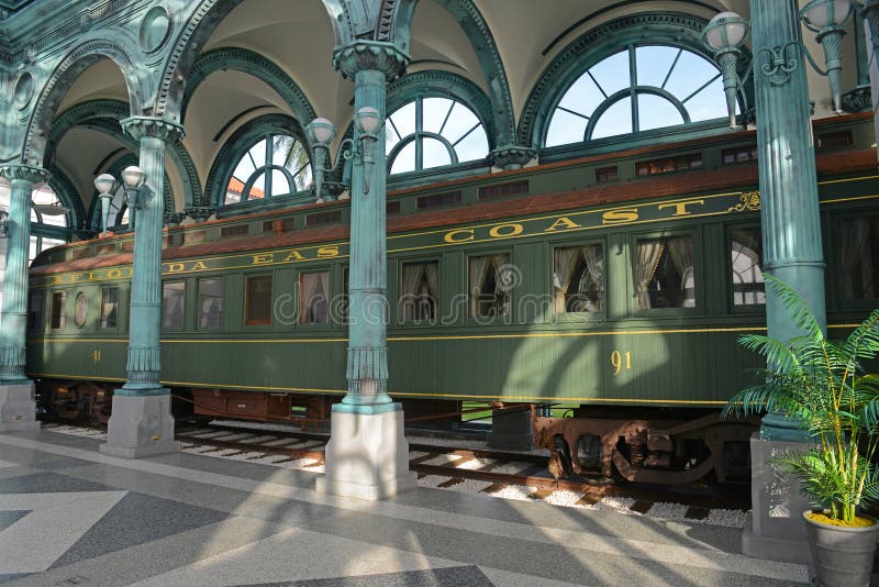 Florida East Coast Passenger car No. 91 in Henry Morrison Flagler Mansion Whitehall. This passenger car is the private railroad car belongs to Henry Morrison Flagler in Palm Beach, Florida FL, USA. Florida East Coast Passenger car No. 91 in Henry Morrison Flagler Mansion Whitehall. This passenger car is the private railroad car belongs to Henry Morrison Flagler in Palm Beach, Florida FL, USA.