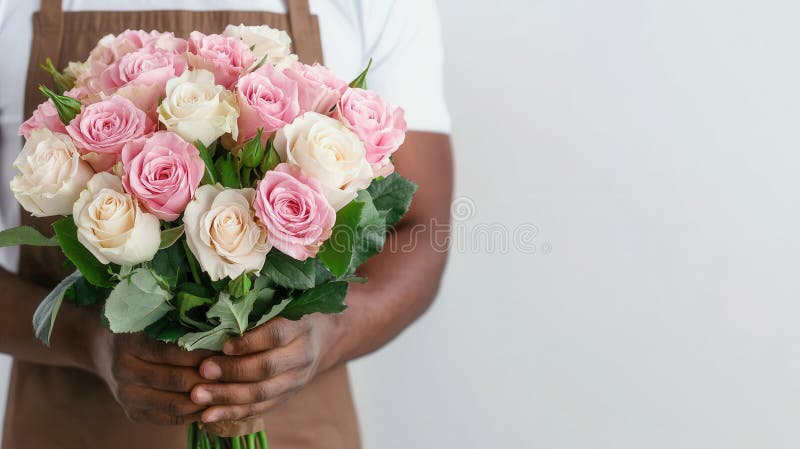Florist arrangerar omsorgsfullt rosa- och vitrosbukett som förbereder sig för blomsterleverans arkivfoton