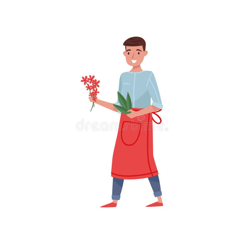 Florist holding small bunch of flowers and green leaves. Young man in red apron. Worker of flower shop. Flat vector