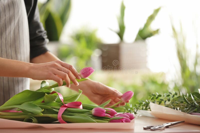 Florist Making Bouquet of Beautiful Tulips at Table Stock Photo Image