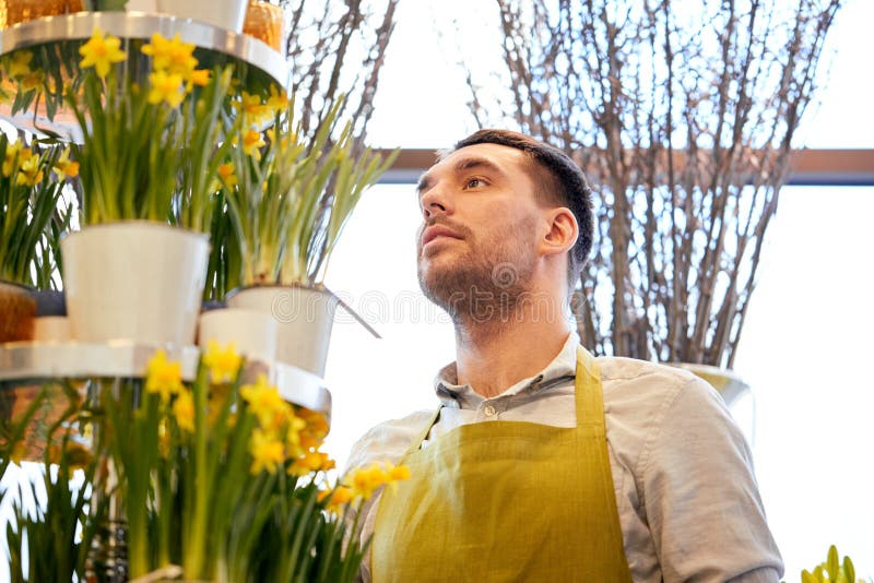 Florist man with narcissus flowers at flower shop