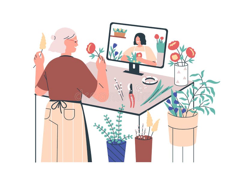 Florist studying at distant online course. Woman with flowers, plants learning floristry at remote botanical floral royalty free illustration