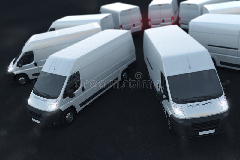 3D Rendering white trucks parked next to each other. 3D Rendering white trucks parked next to each other