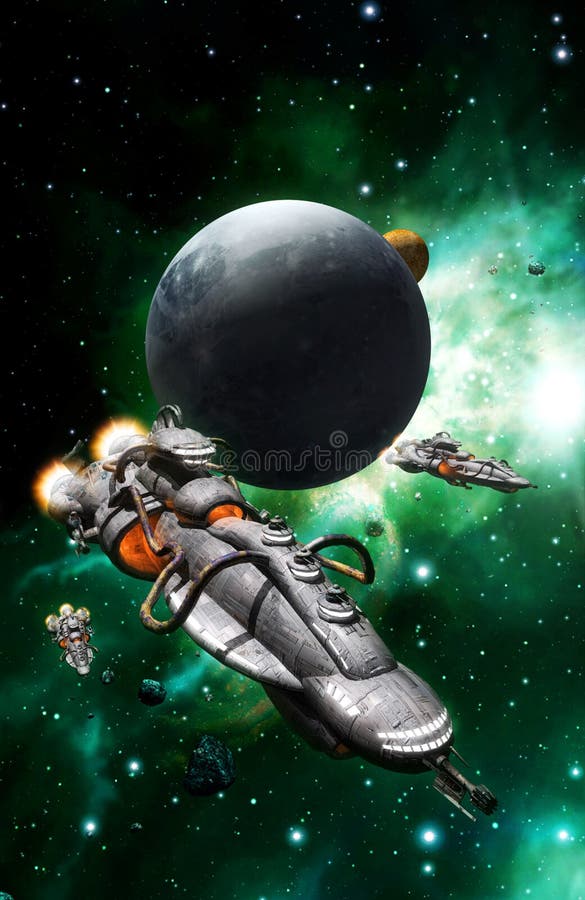 Flota y luna de la nave espacial stock de ilustración Flota y luna de la nave espacial stock de ilustración