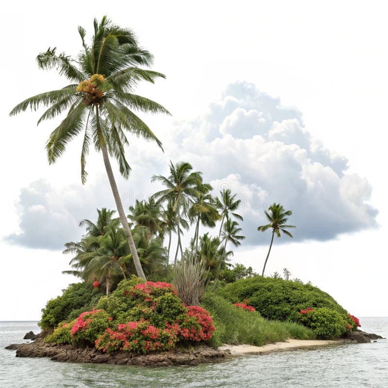 Floting tropiska öparadis isolerat på vit bakgrund. En tropisk ö som flyter i himlen isolerad på en vit bakgrund som symboliserar fantasi och drömdestinationer för paradiset
