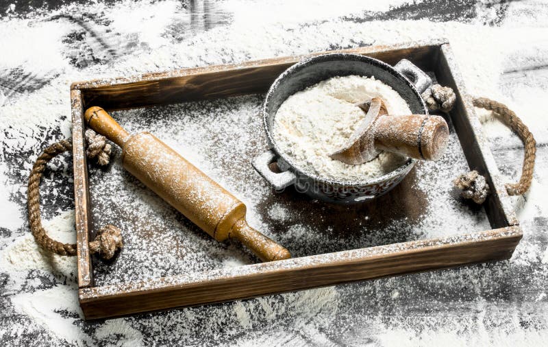 Flour In A Bowl With Rolling Pin In A Wooden Box. Stock ...