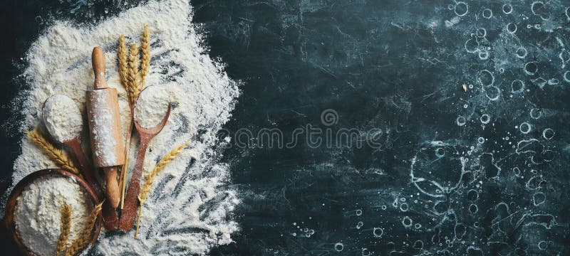 Flour, eggs, and rolling pin, Preparation of dough. Bakery on a black stone background. Top view. Free space for text