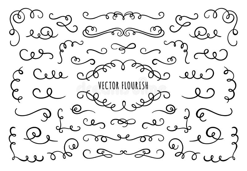 Flourish frame, corners and dividers. Decorative flourishes corner, calligraphic divider and ornate scroll swirls. Vignette dividers, ornamental flourish ink borders. Isolated vector symbols set. Flourish frame, corners and dividers. Decorative flourishes corner, calligraphic divider and ornate scroll swirls. Vignette dividers, ornamental flourish ink borders. Isolated vector symbols set